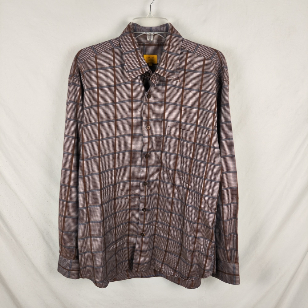 Robert Talbott Shirt Mens XL Brown Plaid Woven Long Sleeve Button Up Casual